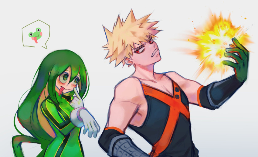 asui_tsuyu, bakugou_katsuki, blonde_hair, boku_no_hero_academia, couple, explosion, frog_girl, gloves