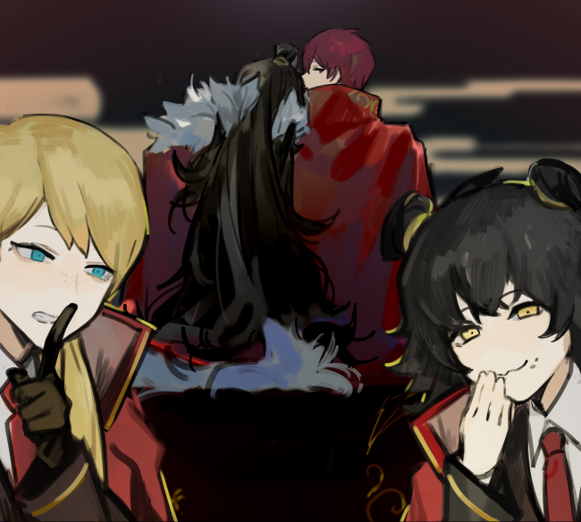 1boy, 3girls, :3, black_hair, blue_eyes, cape, cecil_(library_of_ruina), closed_mouth