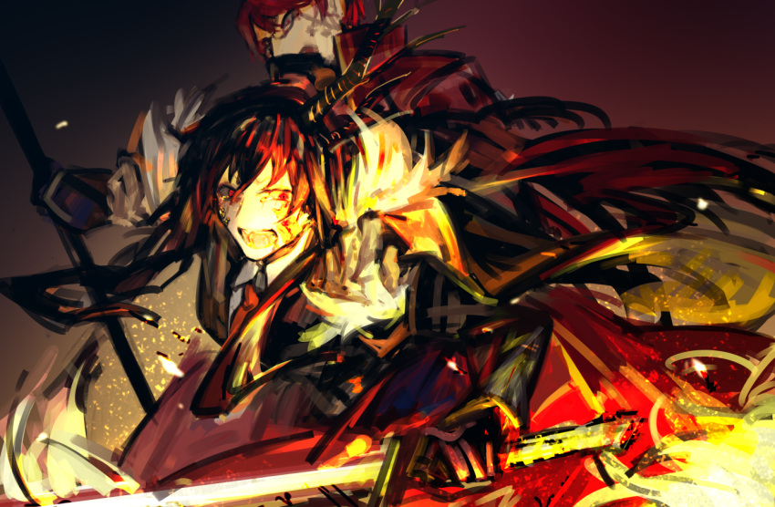 1boy, 1girl, angry, black_gloves, brown_hair, coat, coat_on_shoulders, dao, dragging, e.g.o_(project_moon), fur-trimmed_coat, fur_trim, glasses, gloves, gold_trim, holding, holding_weapon, library_of_ruina, long_hair, long_sleeves, miris_(library_of_ruina), nishikujic, open_mouth, project_moon, red_coat, red_eyes, redhead, sidelocks, sword, very_long_hair, weapon, xiao_(library_of_ruina)