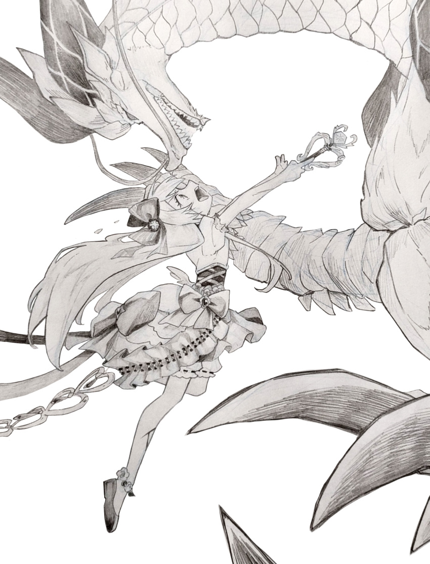 1girl, absurdres, artist_request, battle, blood, bloomers, bubble_skirt, chaos_marie_(grimms_notes), claws, commission, dragon, dress, flower, greyscale, grimms_notes, hair_ribbon, highres, huge_claws, ice_dragon_fo_(grimms_notes), injury, jumping, long_hair, magical_girl, monochrome, open_mouth, pixiv_commission, puffy_sleeves, ribbon, shoes, simple_background, skirt, teeth, traditional_media, underwear, wand, weapon, white_background, wings