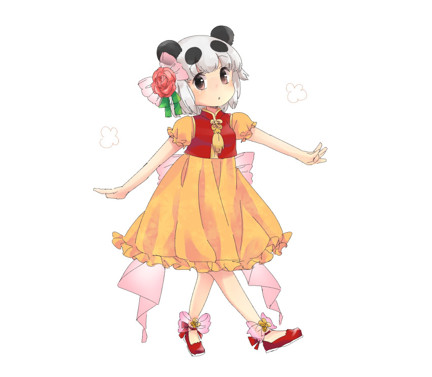 1girl, alternate_costume, animal_ears, black_hair, blush, bow, brown_eyes, chinese_clothes, dress, flower, footwear_bow, frilled_dress, frilled_sleeves, frills, giant_panda_(kemono_friends), hair_bow, hair_flower, hair_ornament, high_collar, highres, kemono_friends, kuromitsu_(9633_kmfr), multicolored_hair, panda_ears, panda_girl, puffy_short_sleeves, puffy_sleeves, red_footwear, red_vest, short_hair, short_sleeves, sidelocks, solo, two-tone_hair, vest, white_hair, yellow_dress