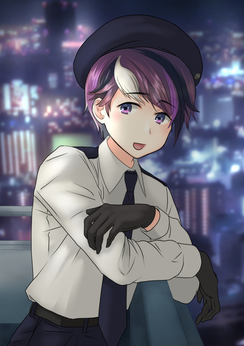 1boy, axis_powers_hetalia, belt, beret, black_gloves, black_hair, black_necktie, blurry