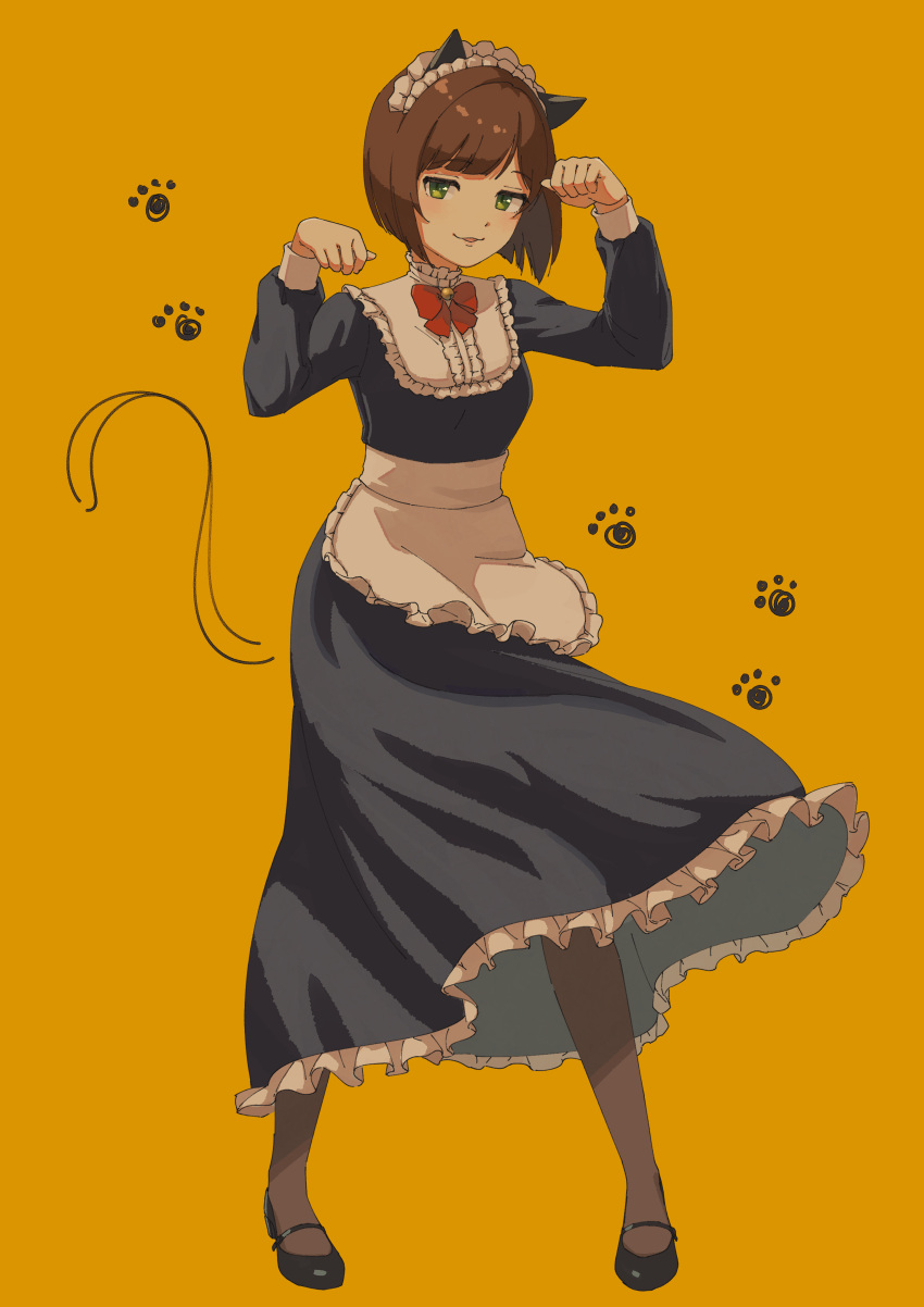 1girl, :3, absurdres, animal_ears, apron, bell, black_dress, black_footwear
