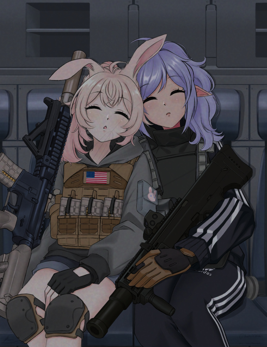 2girls, ahoge, american_flag, animal_ears, assault_rifle, blush, closed_eyes, english_commentary