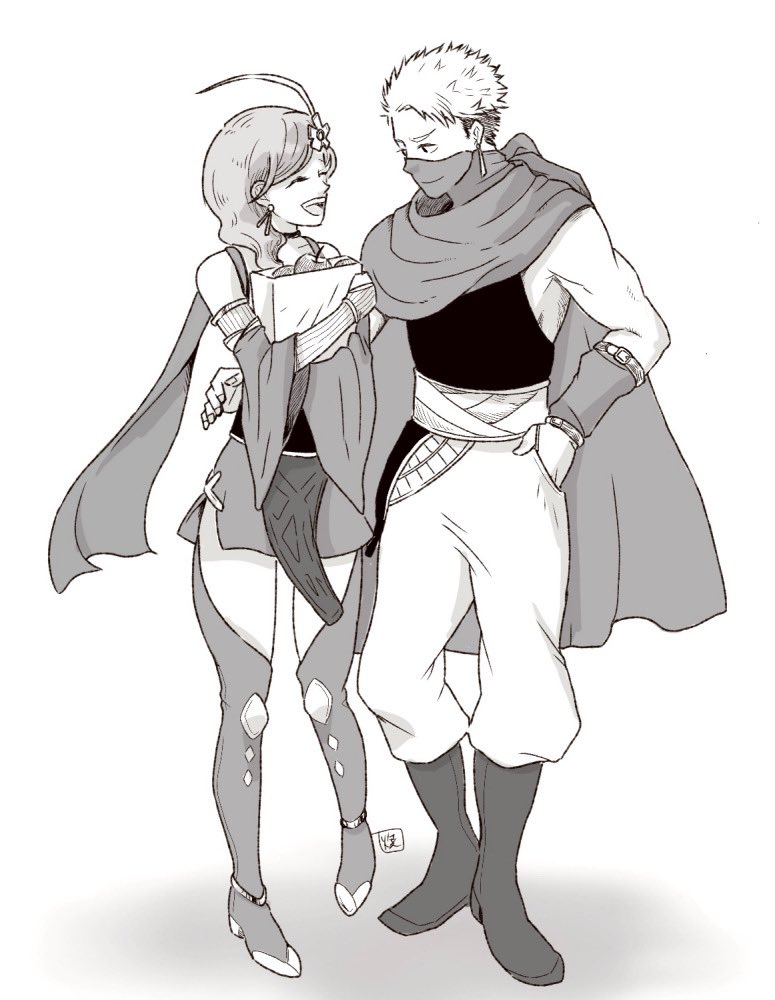 1boy, 1girl, aged_up, boots, cape, detached_sleeves, earrings, edward_geraldine, final_fantasy, final_fantasy_iv, final_fantasy_iv:_the_after_years, full_body, greyscale, hair_ornament, holding, jewelry, long_hair, mask, monochrome, open_mouth, rydia_(ff4), simple_background, skirt, smile, thigh_boots, white_background, yakisake_arimasu