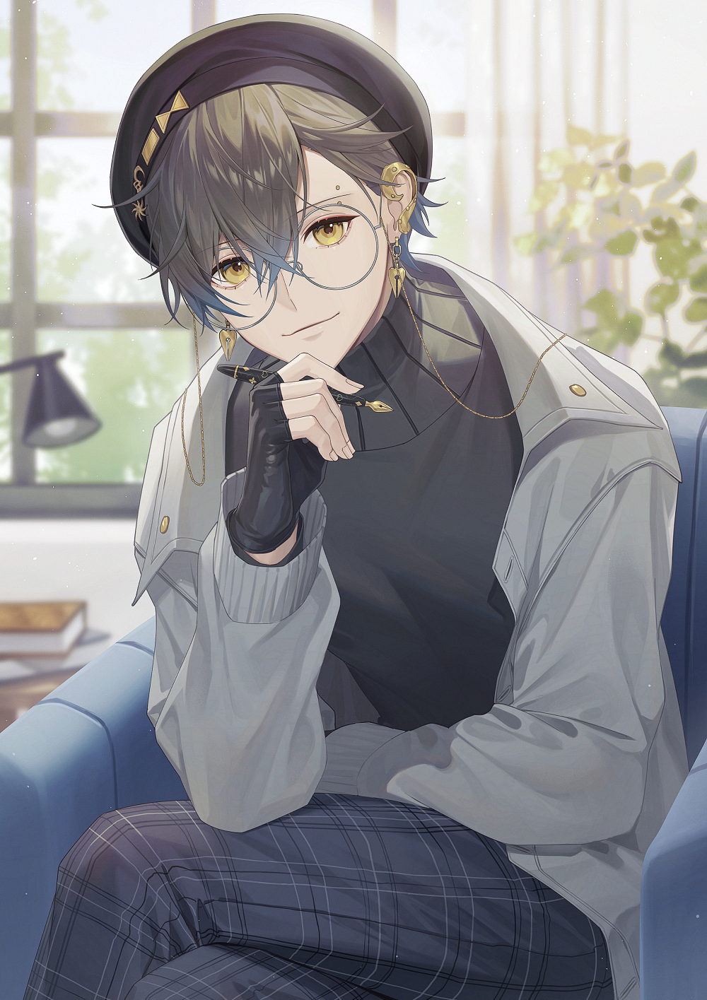 1boy, black_gloves, black_pants, black_sweater, blue_hair, blurry, blurry_background, book
