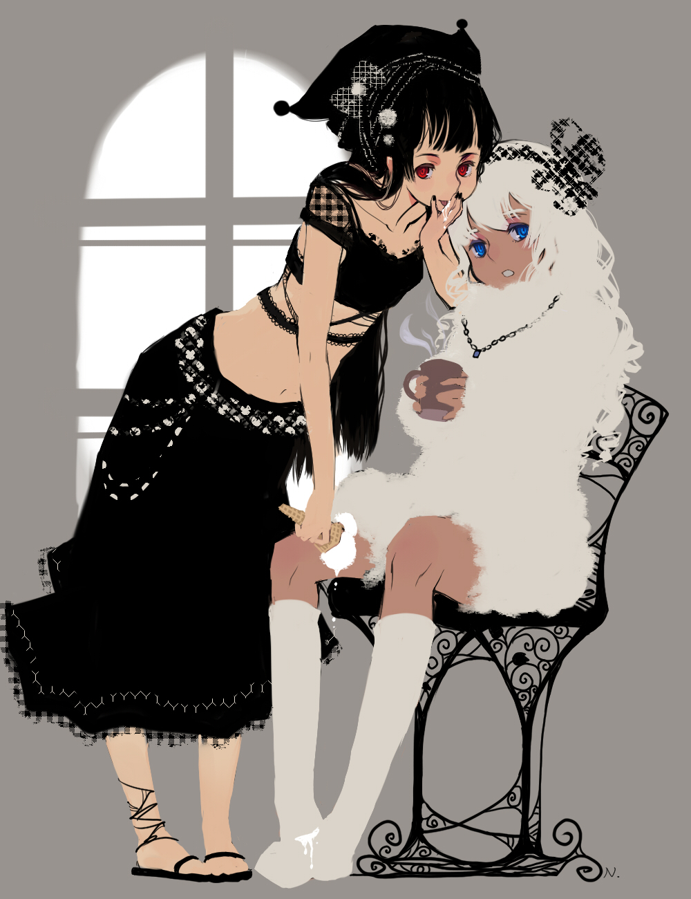 black_hair, black_vs_white, blue_eyes, flat_color, food, gothic, hair_ribbon, highres