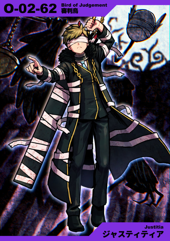 1boy, balance_scale, bandages, bandages_over_eyes, bare_tree, bird, black_coat, black_collar