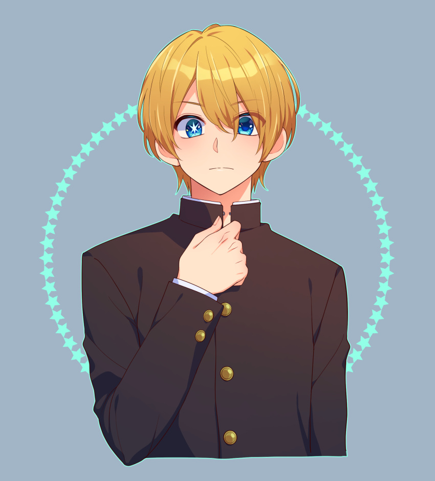 1boy, blonde_hair, blue_background, blue_eyes, closed_mouth, gakuran, highres, hoshino_aquamarine