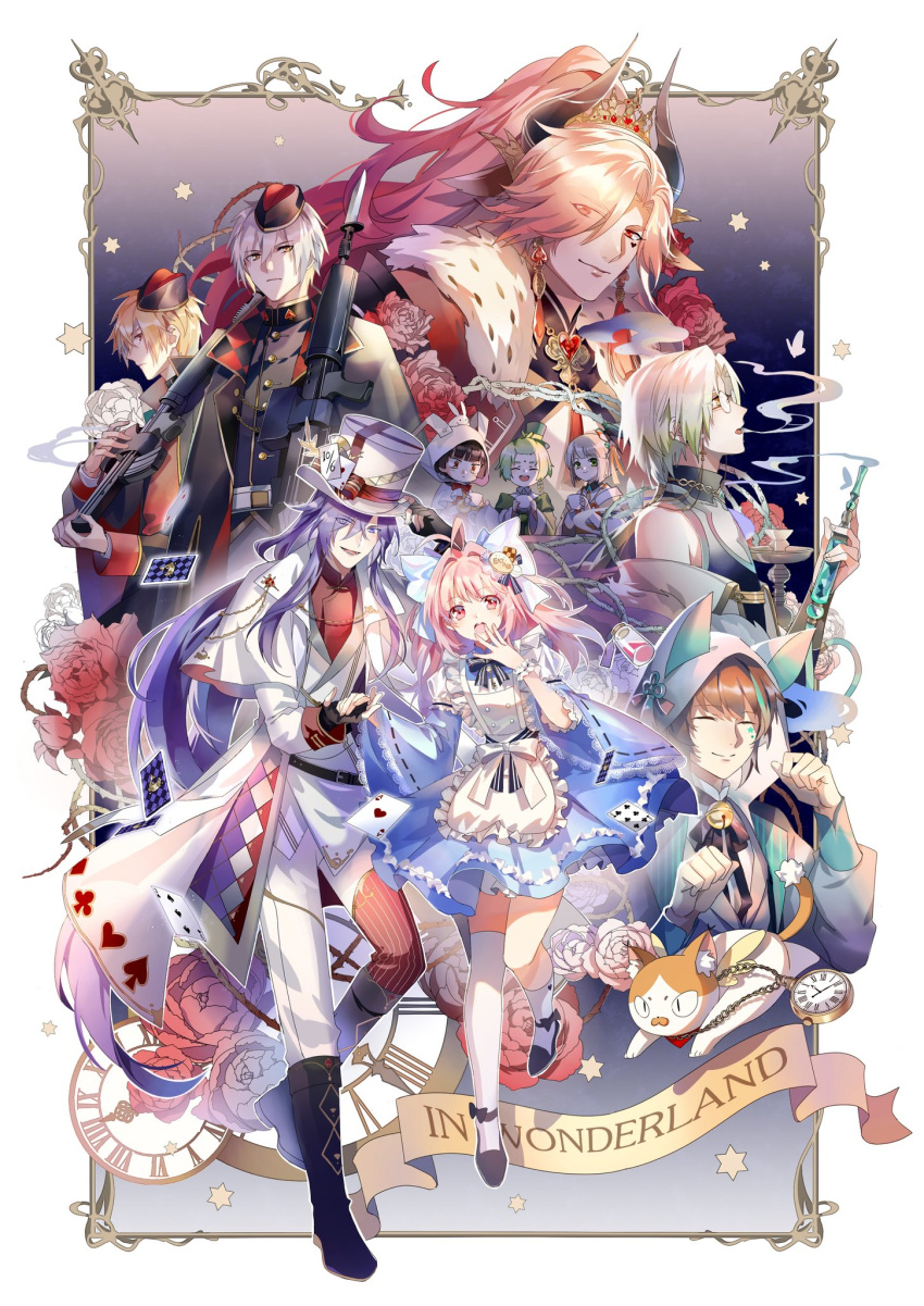 6+boys, :d, ^_^, alice_(alice_in_wonderland), alice_(alice_in_wonderland)_(cosplay), alice_in_wonderland, analog_clock, animal_ears