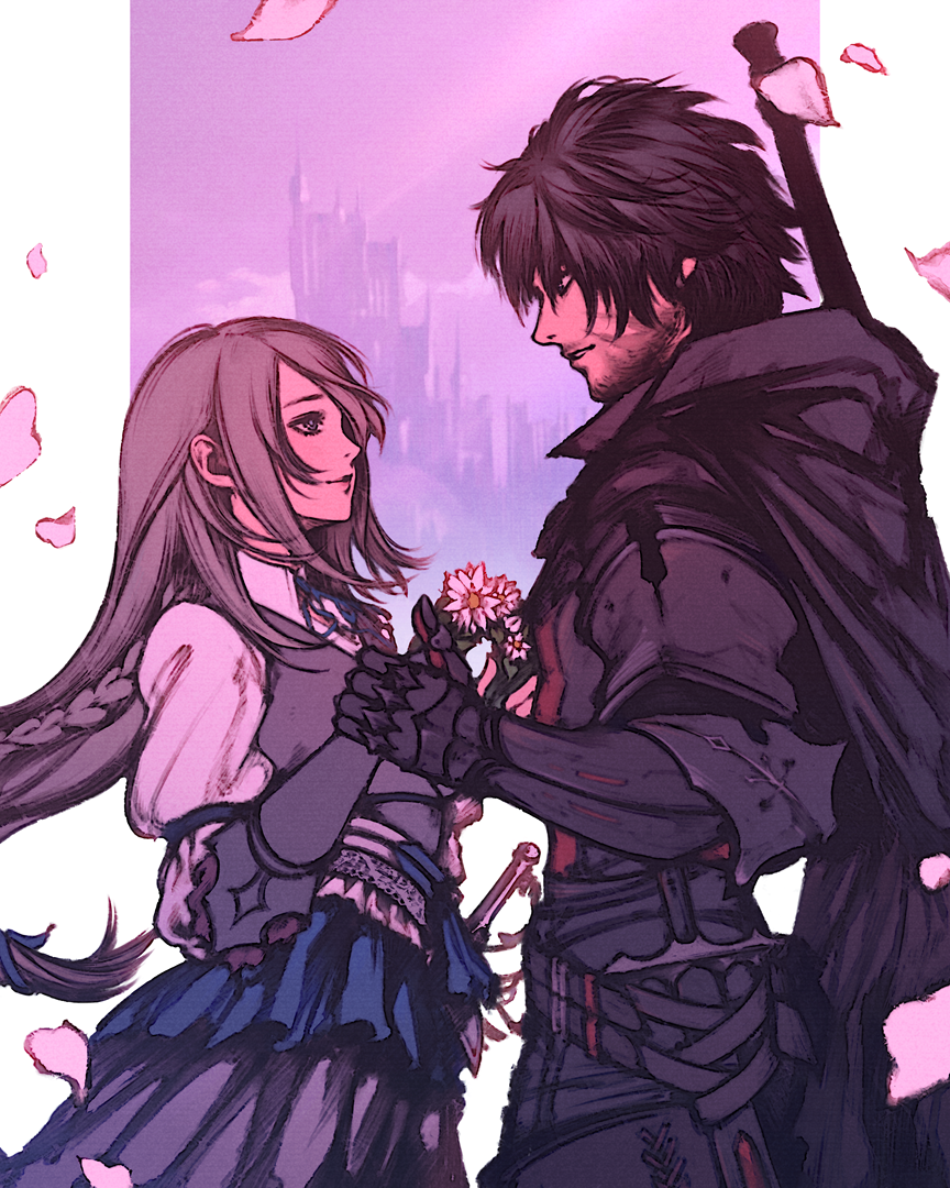 1boy, 1girl, armor, black_hair, blue_eyes, blue_vest, braid, cape