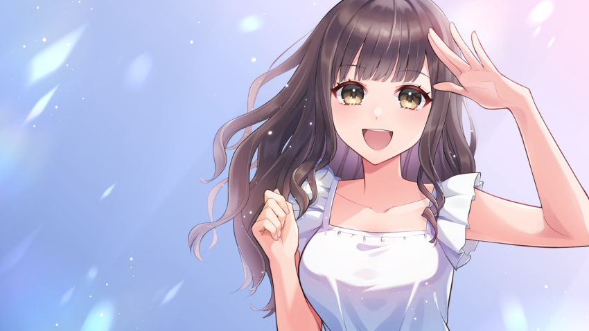 1girl, black_hair, brown_hair, collarbone, dress, hand_up, junjonta, long_hair