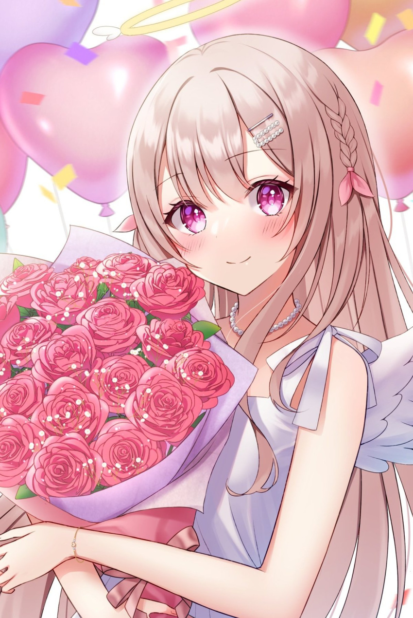 1girl, angel, angel_wings, balloon, blush, bouquet, bow, bracelet