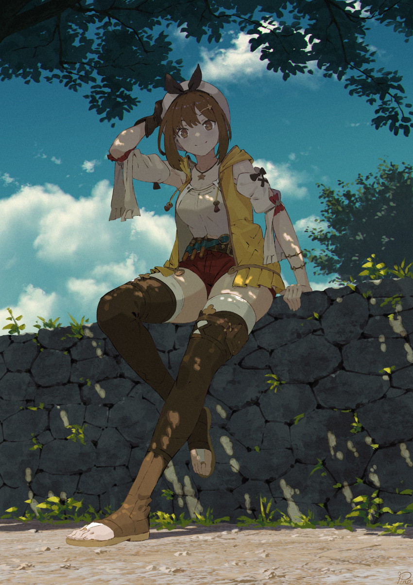 1girl, absurdres, arm_up, atelier_(series), atelier_ryza, atelier_ryza_1, belt, blue_sky