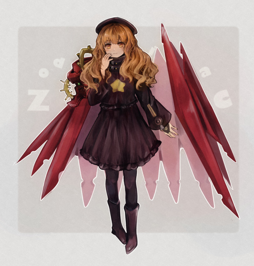 1girl, beret, black_pantyhose, boots, brown_dress, dress, full_body, hat, highres, komeda_arufa, long_hair, orange_eyes, orange_hair, pantyhose, sekaiju_no_meikyuu, sekaiju_no_meikyuu_3, solo, wavy_hair, zodiac_(sekaiju), zodiac_4_(sekaiju)