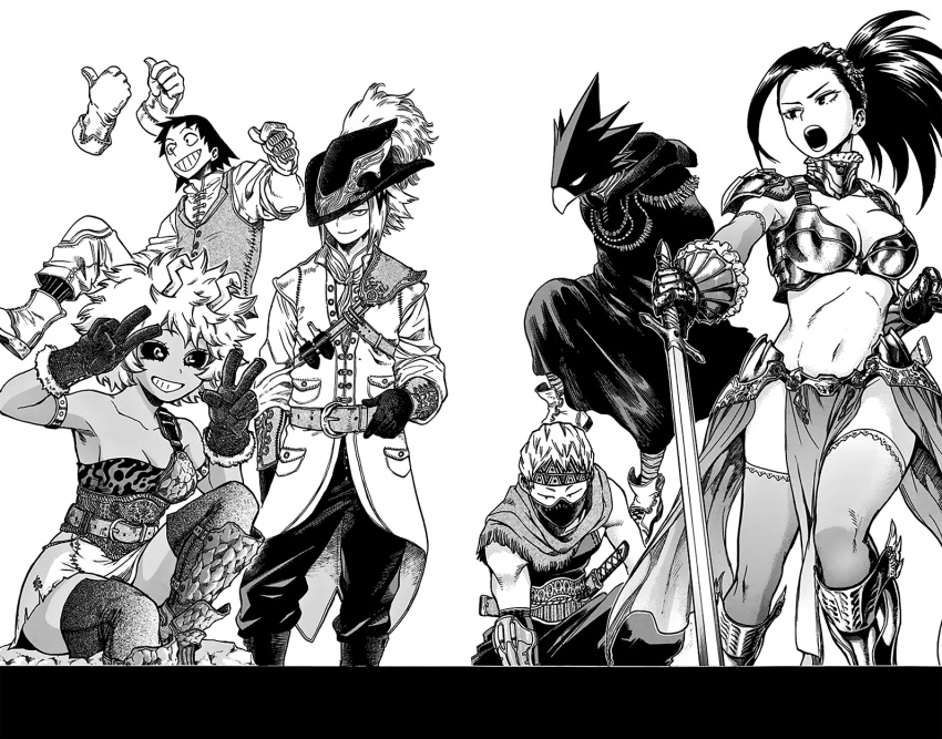 2nd_popularity_poll_(boku_no_hero_academia), 3girls, 4boys, armor, ashido_mina, bare_shoulders, belt, bikini_armor