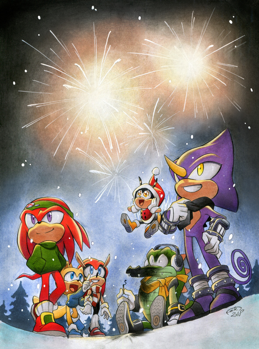 6+boys, absurdres, black_scarf, blue_shirt, burnt_face, charmy_bee, christmas, earmuffs, espio_the_chameleon, finik, fireworks, gloves, green_shirt, hands_in_pockets, hat, highres, knuckles_the_echidna, mighty_the_armadillo, multiple_boys, night, night_sky, outdoors, ray_the_flying_squirrel, santa_hat, scarf, shirt, shoes, sitting, sky, sonic_(series), vector_the_crocodile, white_gloves