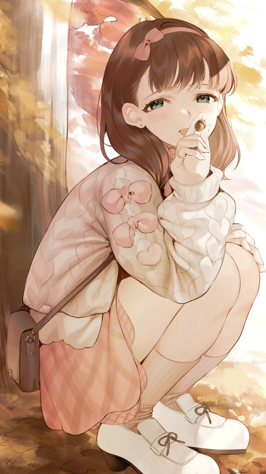 1girl, argyle, argyle_sweater, blush, bow_hairband, brown_hair, earrings, full_body