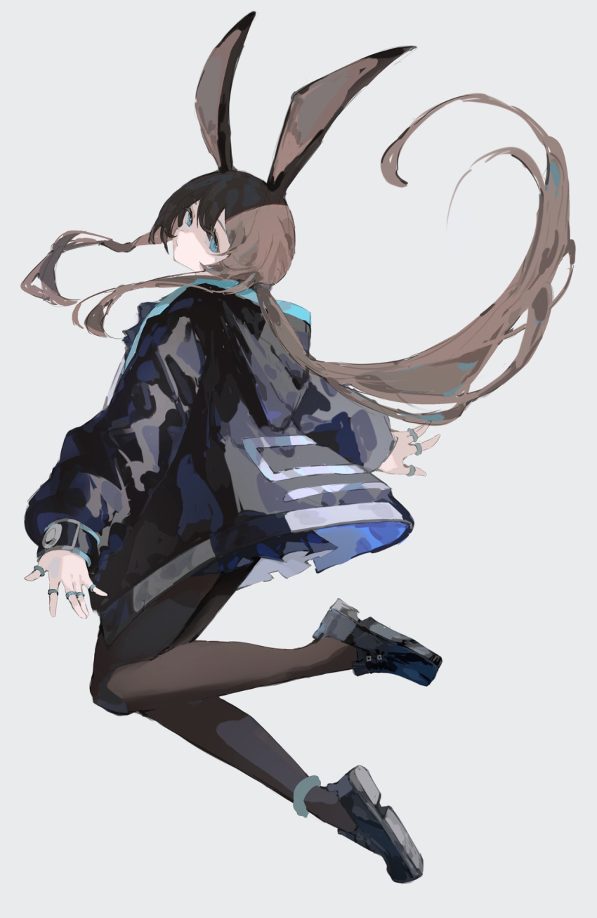 1girl, aco_gbfg, amiya_(arknights), animal_ears, arknights, black_footwear, black_jacket, black_pantyhose