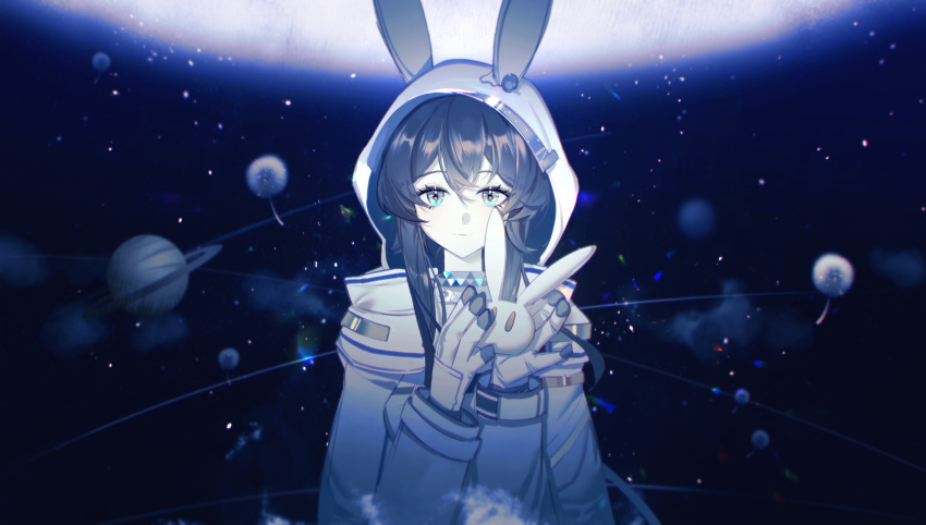 1girl, amiya_(arknights), amiya_(guard)_(arknights), amiya_(guard)_(touch_the_stars)_(arknights), animal_ears, arknights, black_gloves, blue_eyes, blue_theme, brown_hair, chinese_commentary, closed_mouth, coat, commentary_request, ears_through_hood, gloves, hair_between_eyes, highres, holding, holding_stuffed_toy, hood, hood_up, hooded_coat, light176, long_hair, long_sleeves, looking_at_viewer, official_alternate_costume, planet, planetary_ring, rabbit_ears, rabbit_girl, smile, solo, space, stuffed_animal, stuffed_rabbit, stuffed_toy, two-tone_gloves, upper_body, white_coat, white_gloves