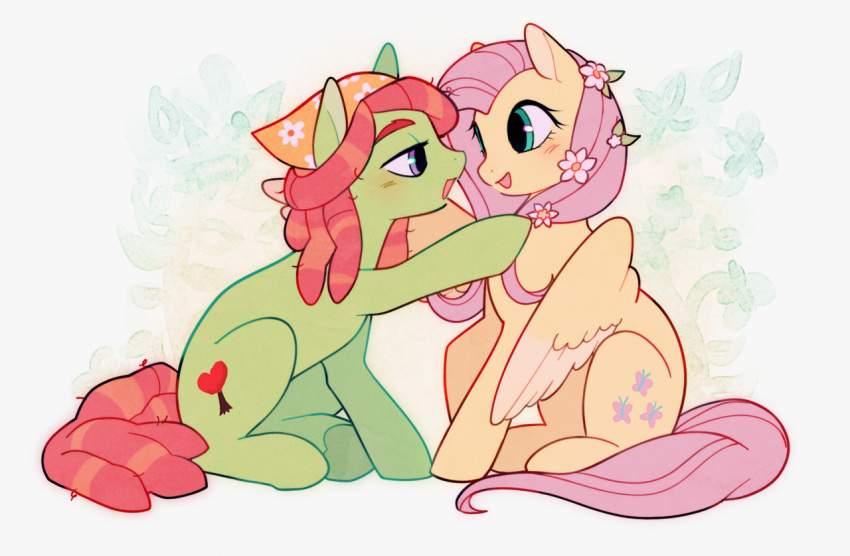 2girls, feathered_wings, flower, fluttershy, from_side, green_fur, hair_flower, hair_ornament, mionn, multiple_girls, my_little_pony, my_little_pony:_friendship_is_magic, open_mouth, pegasus, pink_hair, pony_(animal), redhead, simple_background, tree_hugger, white_flower, wings, yellow_fur