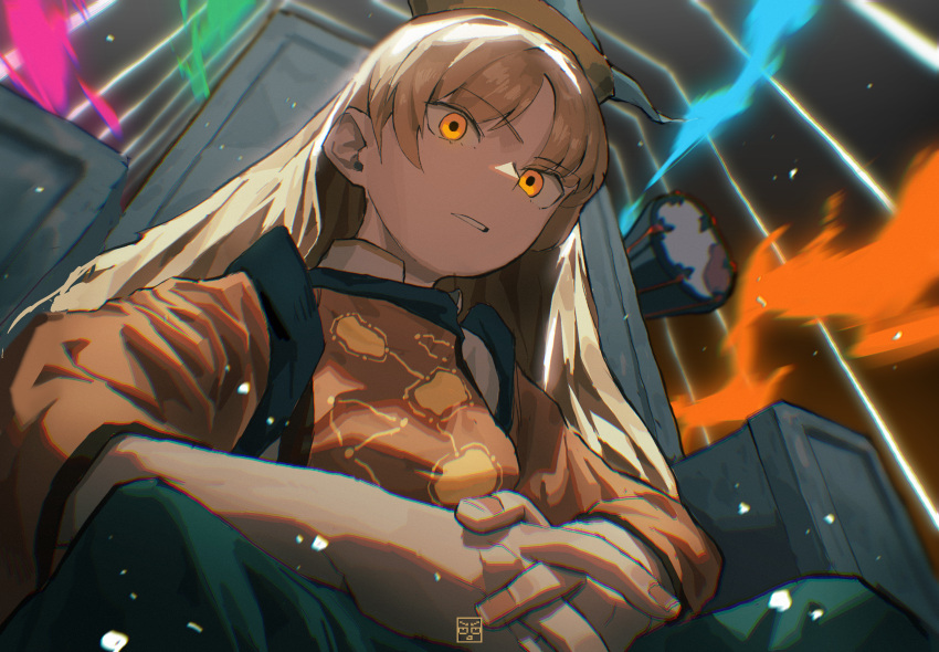 1girl, artist_logo, black_headwear, blast-7, blonde_hair, chair, commentary, constellation_print