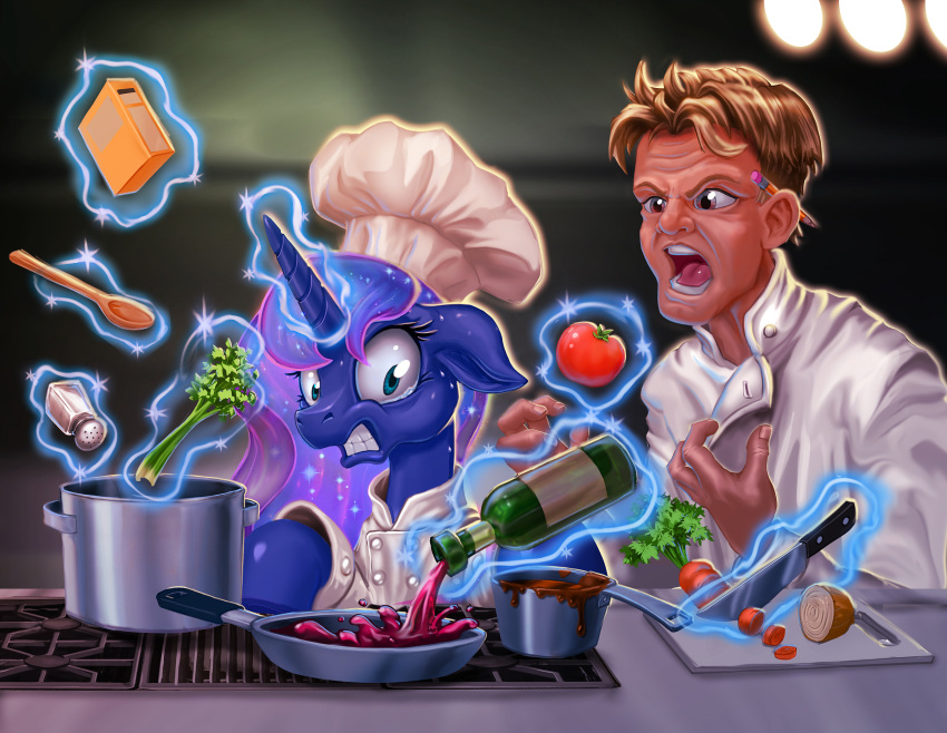 1boy, 1girl, blonde_hair, blurry, bottle, carrot, celery, chef, chef_hat, cooking, crossover, depth_of_field, gordon_ramsay, harwicks-art, hat, highres, horns, indoors, knife, luna_(my_little_pony), my_little_pony, my_little_pony:_friendship_is_magic, pencil_behind_ear, salt_shaker, saucepan, shirt, short_hair, single_horn, telekinesis, tomato, unicorn, white_shirt, wine_bottle, wooden_spoon