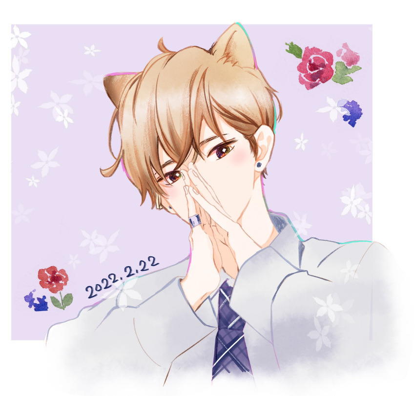 1boy, animal_ears, aza-koi, blue_necktie, blue_shirt, border, bright_pupils, brown_eyes
