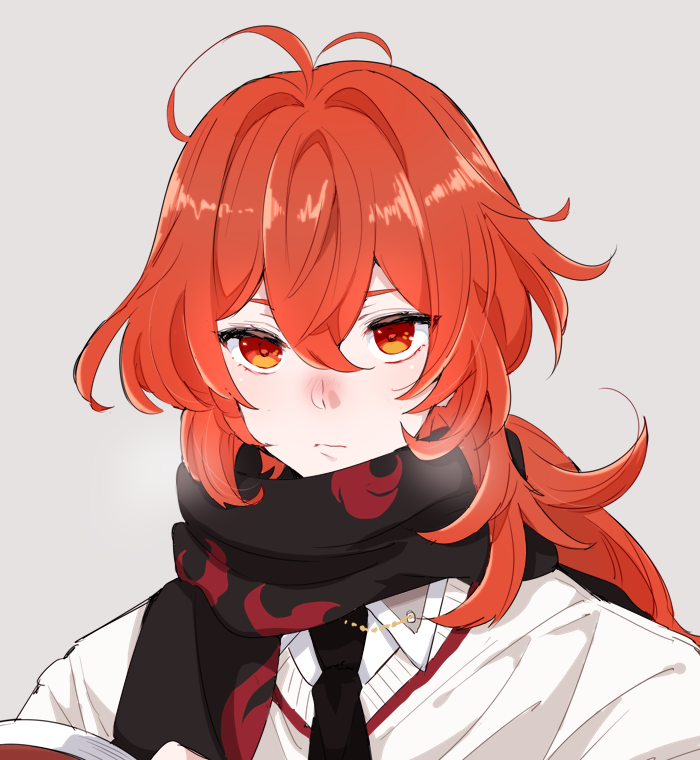 1boy, alternate_costume, antenna_hair, black_necktie, black_scarf, blush, book, closed_mouth, collared_shirt, diluc_(genshin_impact), genshin_impact, grey_background, hair_between_eyes, hand_up, holding, holding_book, long_hair, long_sleeves, looking_at_viewer, male_focus, medetai, necktie, open_book, ponytail, red_eyes, redhead, scarf, shirt, sidelocks, simple_background, solo, steam, sweater, upper_body, white_shirt, white_sweater