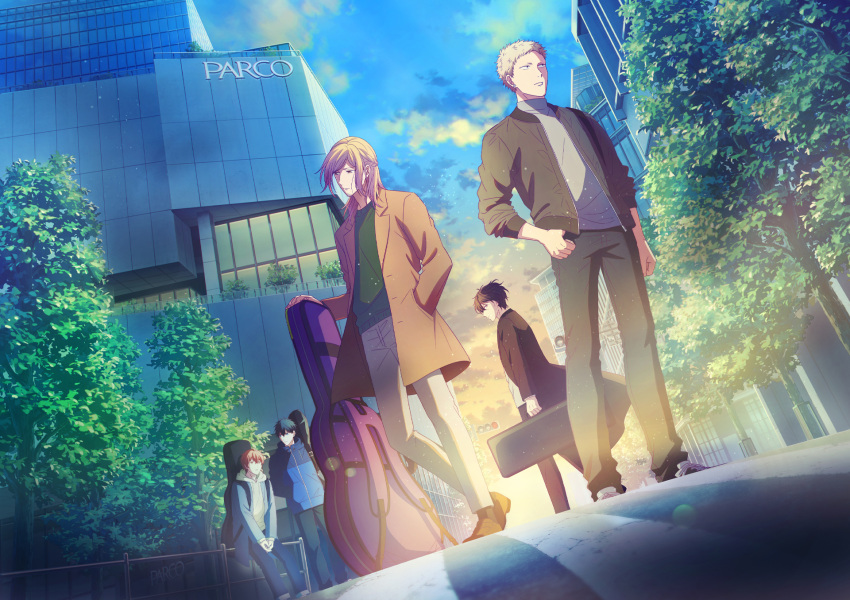 5boys, black_jacket, blonde_hair, blue_jacket, blue_sky, briefcase, brown_coat, building