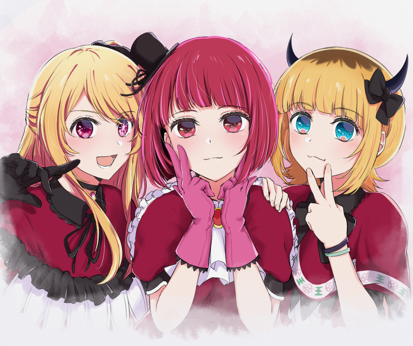 3girls, arima_kana, black_bow, black_gloves, black_ribbon, blonde_hair, blue_eyes, bob_cut