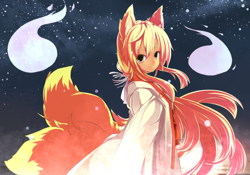 blonde_hair, colored, fk, fox_ears, japanese_clothes, multiple_tails, night, night_sky