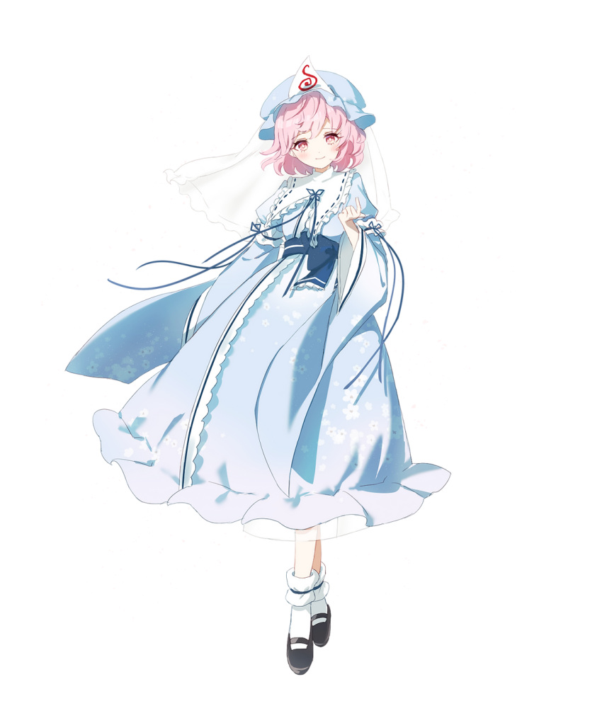 1girl, black_footwear, blue_headwear, blue_kimono, blush, cake_mogo, closed_mouth, frilled_kimono, frills, full_body, hat, highres, japanese_clothes, kimono, long_sleeves, looking_at_viewer, mob_cap, pink_eyes, pink_hair, saigyouji_yuyuko, shoes, short_hair, sleeve_garter, smile, socks, solo, touhou, transparent_background, triangular_headpiece, white_socks, wide_sleeves