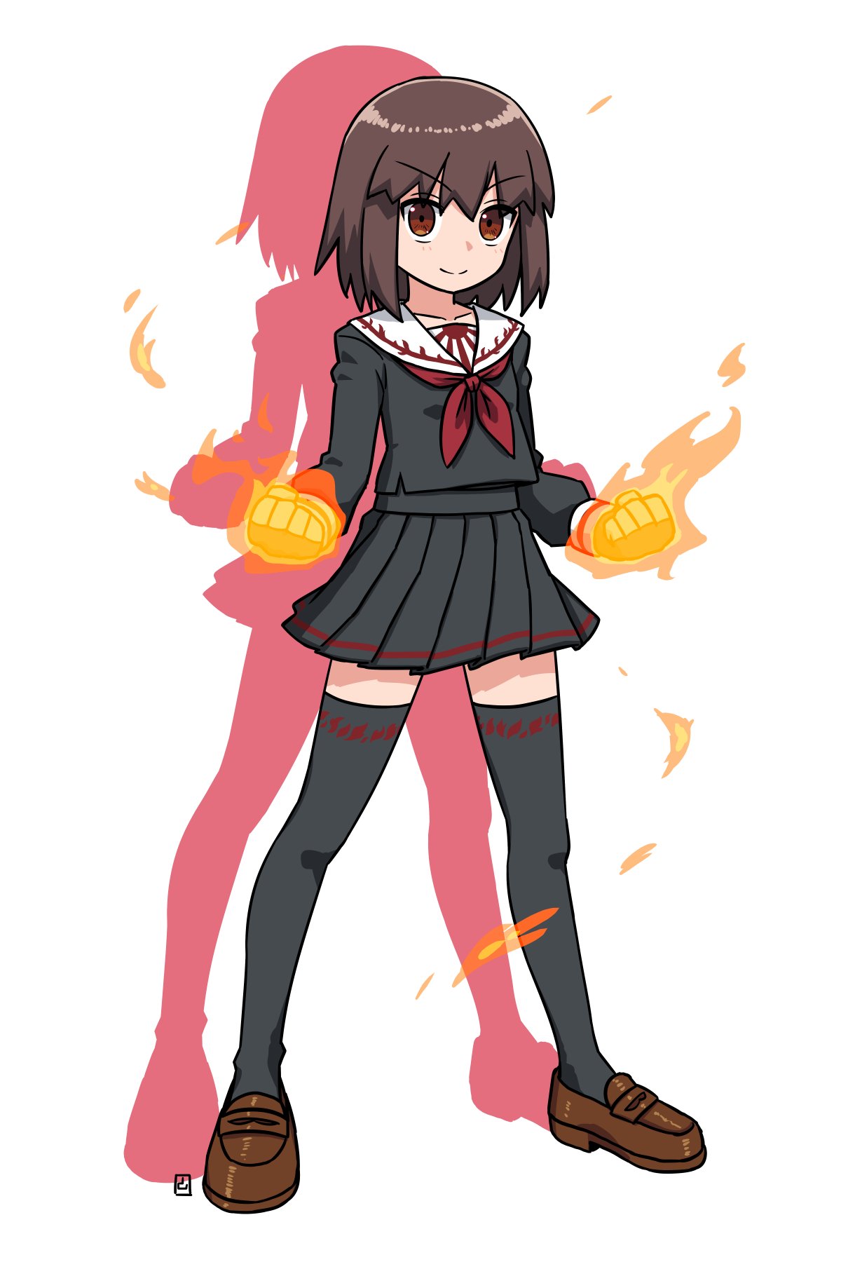 >:), 1girl, black_serafuku, black_shirt, black_skirt, black_thighhighs, brown_eyes, brown_footwear