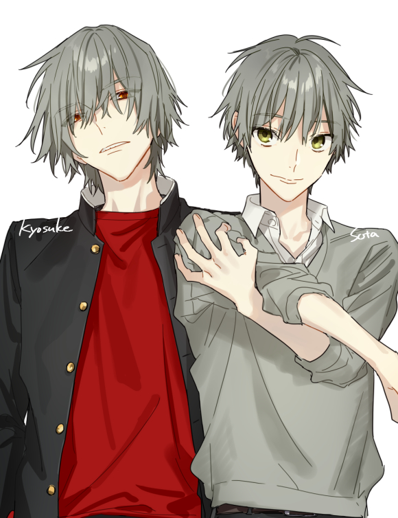 2boys, aged_down, aged_up, buttons, character_name, closed_mouth, collared_shirt, eyes_visible_through_hair
