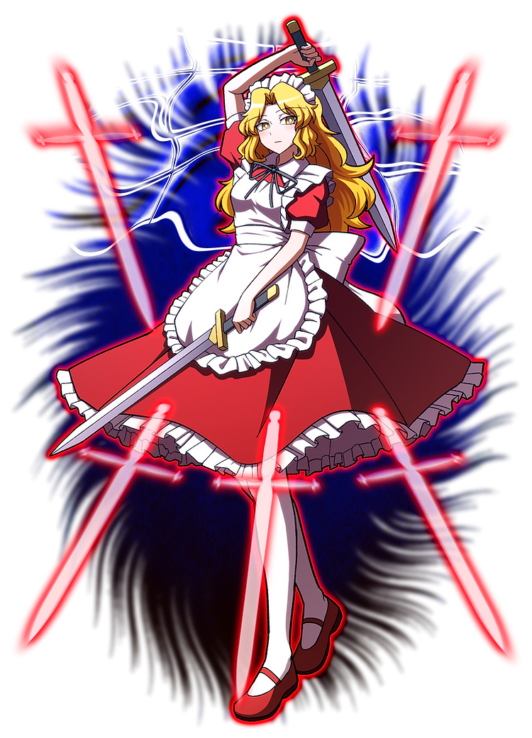 1girl, apron, blonde_hair, closed_mouth, dress, frilled_apron, frilled_sleeves, frills, full_body, holding, holding_sword, holding_weapon, hoshii_1213, long_hair, maid, maid_apron, maid_headdress, pantyhose, puffy_short_sleeves, puffy_sleeves, red_dress, red_footwear, shoes, short_sleeves, solo, sword, touhou, touhou_(pc-98), transparent_background, weapon, white_apron, white_pantyhose, yellow_eyes, yumeko_(touhou)