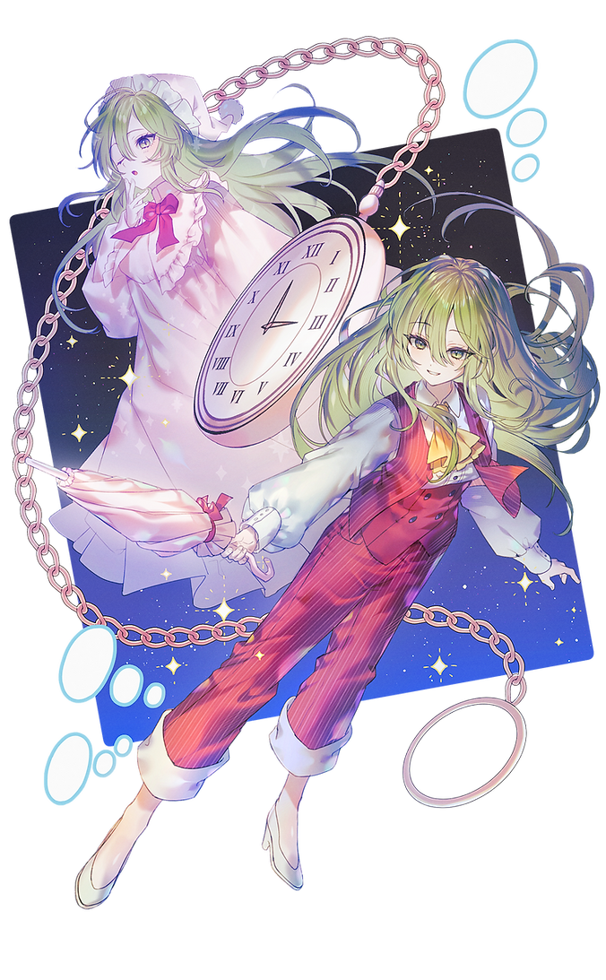 2girls, ascot, clock, collared_shirt, dual_persona, full_body, green_eyes, green_hair