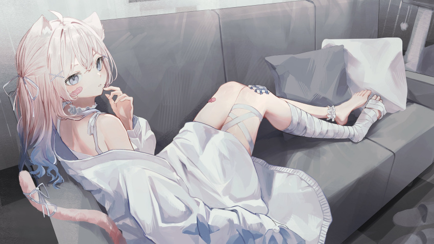 1girl, absurdres, animal_ears, bandaged_leg, bandages, bandaid, bandaid_on_cheek, bandaid_on_face