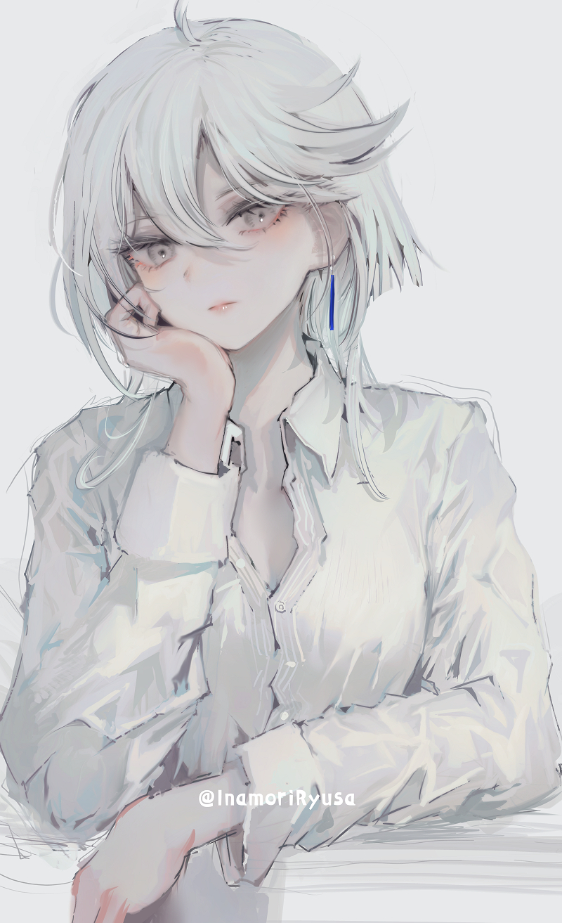 1girl, asymmetrical_bangs, blush, closed_mouth, earrings, elbow_rest, grey_eyes, gundam
