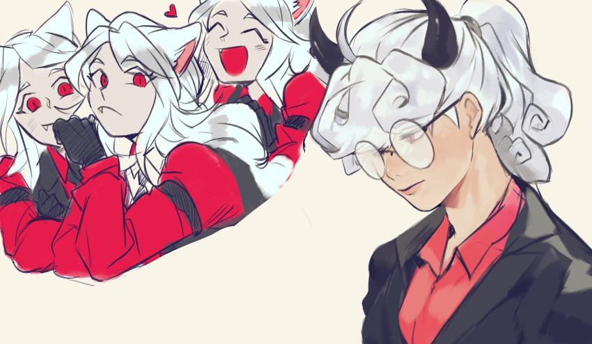 4girls, animal_ears, black_horns, black_jacket, black_vest, cerberus_(helltaker), demon, demon_girl, demon_horns, dog_ears, fang, fang_out, heart, helltaker, highres, horns, jacket, koreancake0305, multiple_girls, pandemonica_(helltaker), red_eyes, red_shirt, round_eyewear, shirt, smile, triplets, vest, white_hair