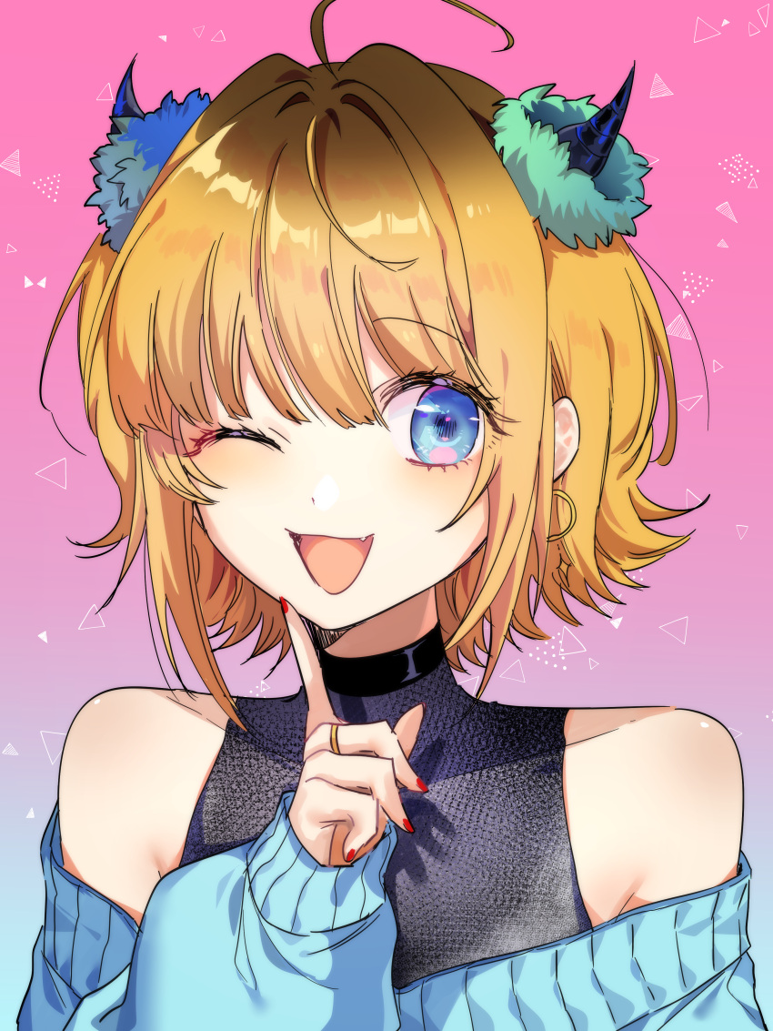 1girl, ;d, absurdres, ahoge, bare_shoulders, blonde_hair, blue_background, blue_eyes, blue_sweater, blush, collarbone, commentary, demon_horns, earrings, fake_horns, fang, finger_to_cheek, gradient_background, highres, horns, index_finger_raised, jewelry, korean_commentary, long_sleeves, looking_at_viewer, memcho, nail_polish, off-shoulder_sweater, off_shoulder, one_eye_closed, open_mouth, oshi_no_ko, pink_background, puffy_sleeves, red_nails, ring, short_hair, sidelocks, smile, solo, suju0813, sweater