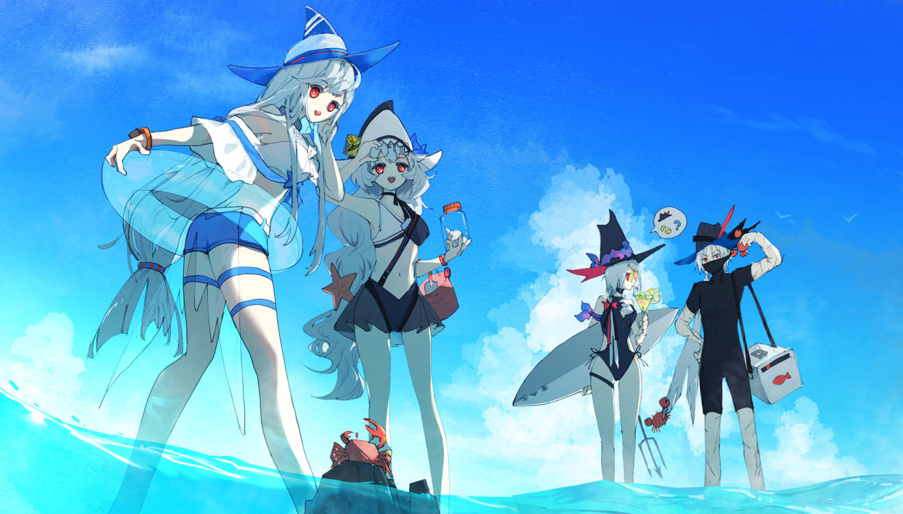 1boy, 3girls, alternate_costume, arknights, black_headwear, blue_headwear, blue_innertube, bodysuit