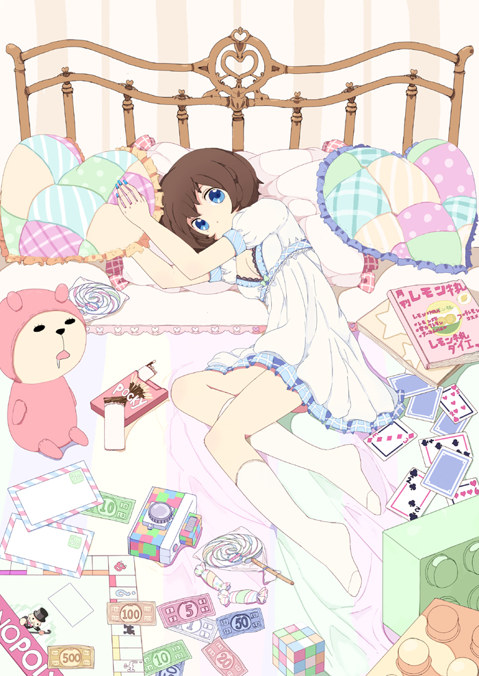 bed_frame, blue_eyes, brown_hair, camera, candy, card, cards, kneehighs