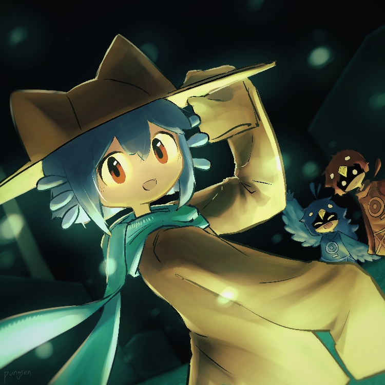1boy, 1girl, 1other, alula_(oneshot), androgynous, animal_ears, animal_hat, animal_hood