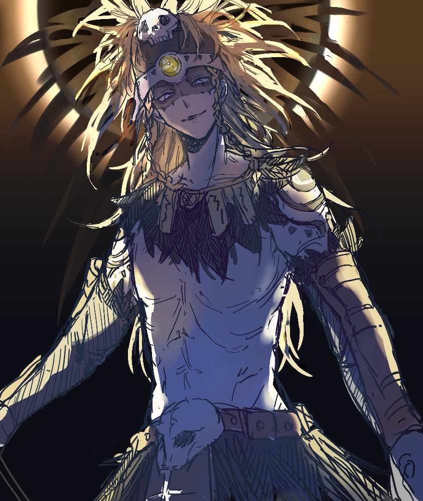 1boy, arm_tattoo, aztec, blonde_hair, blue_eyes, braid, facepaint, fate/grand_order