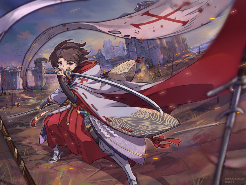 1girl, absurdres, armor, armored_boots, banner, battle, battlefield, belt