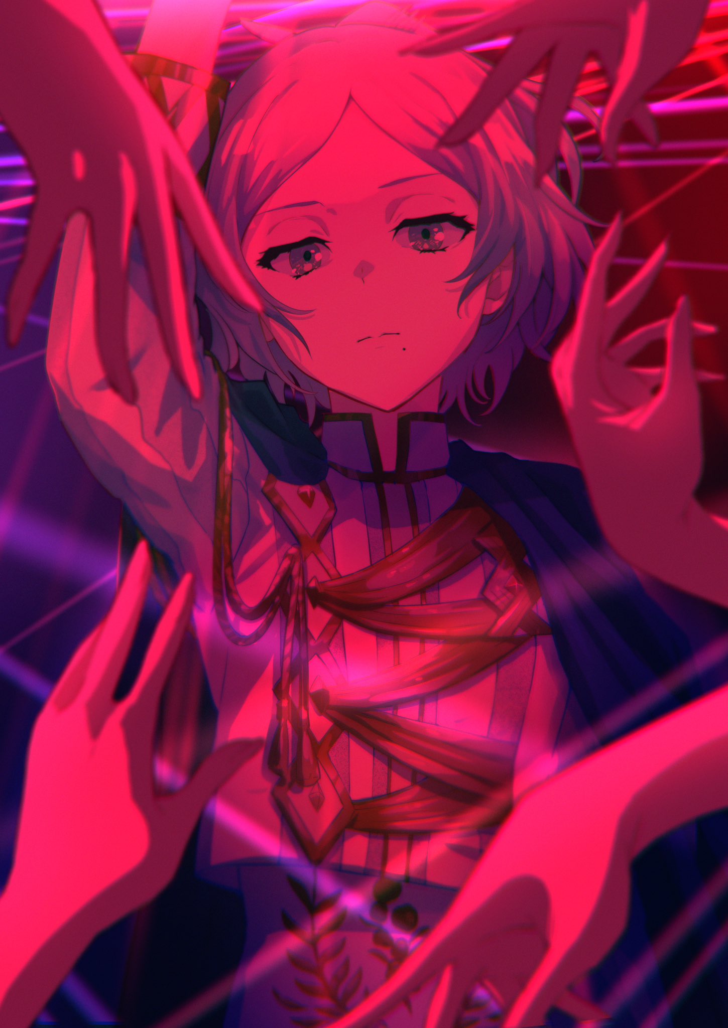 1girl, aiguillette, arm_up, cape, closed_mouth, commentary_request, denonbu, grey_hair