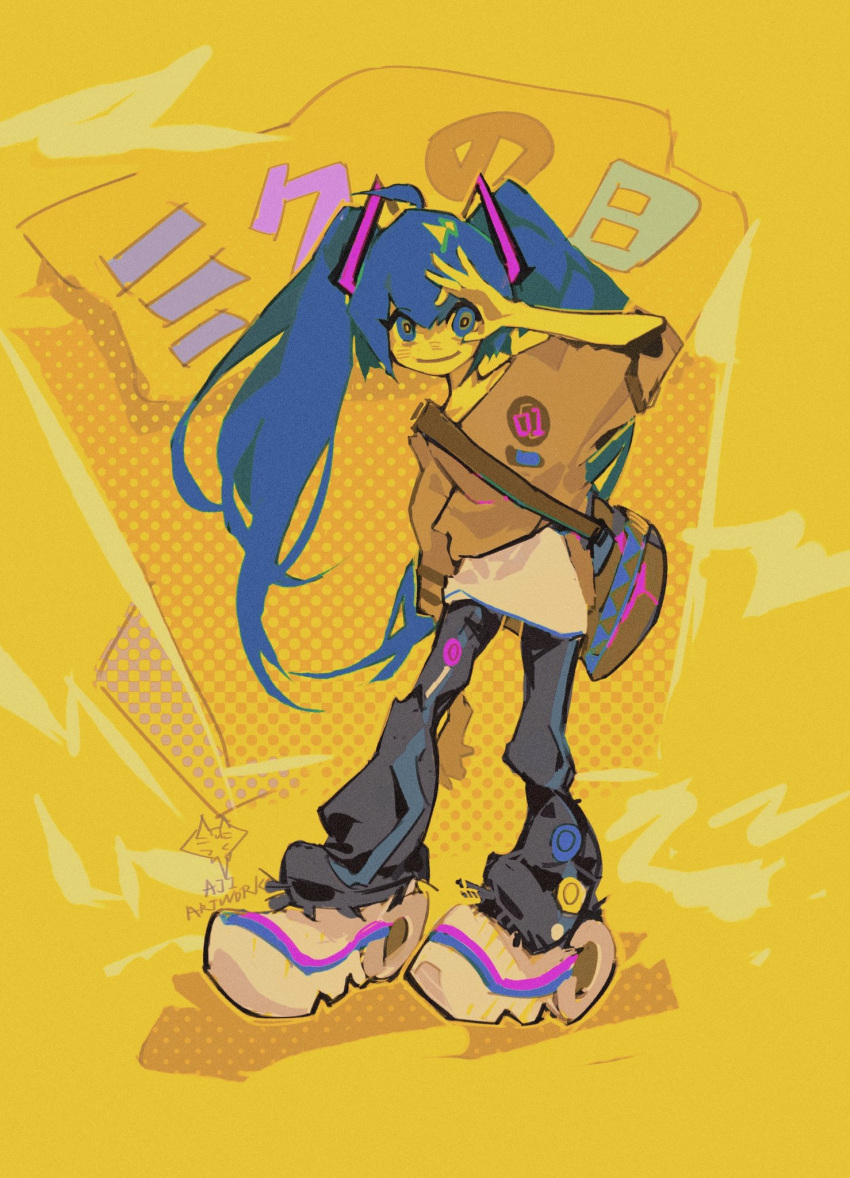 1girl, backpack, bag, blue_eyes, blue_hair, groongloon, hand_up, hatsune_miku, highres, kneeling, looking_at_viewer, shoes, sign, signature, simple_background, smile, sneakers, solo, solo_focus, standing, tagme, text_focus, twintails, vocaloid, yellow_background