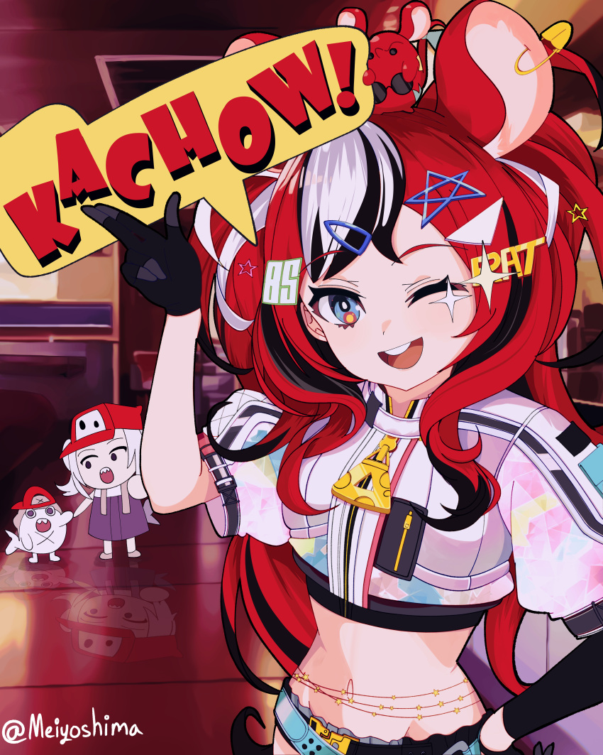 !, 1girl, absurdres, baseball_cap, blue_eyes, ear_piercing, english_commentary, english_text