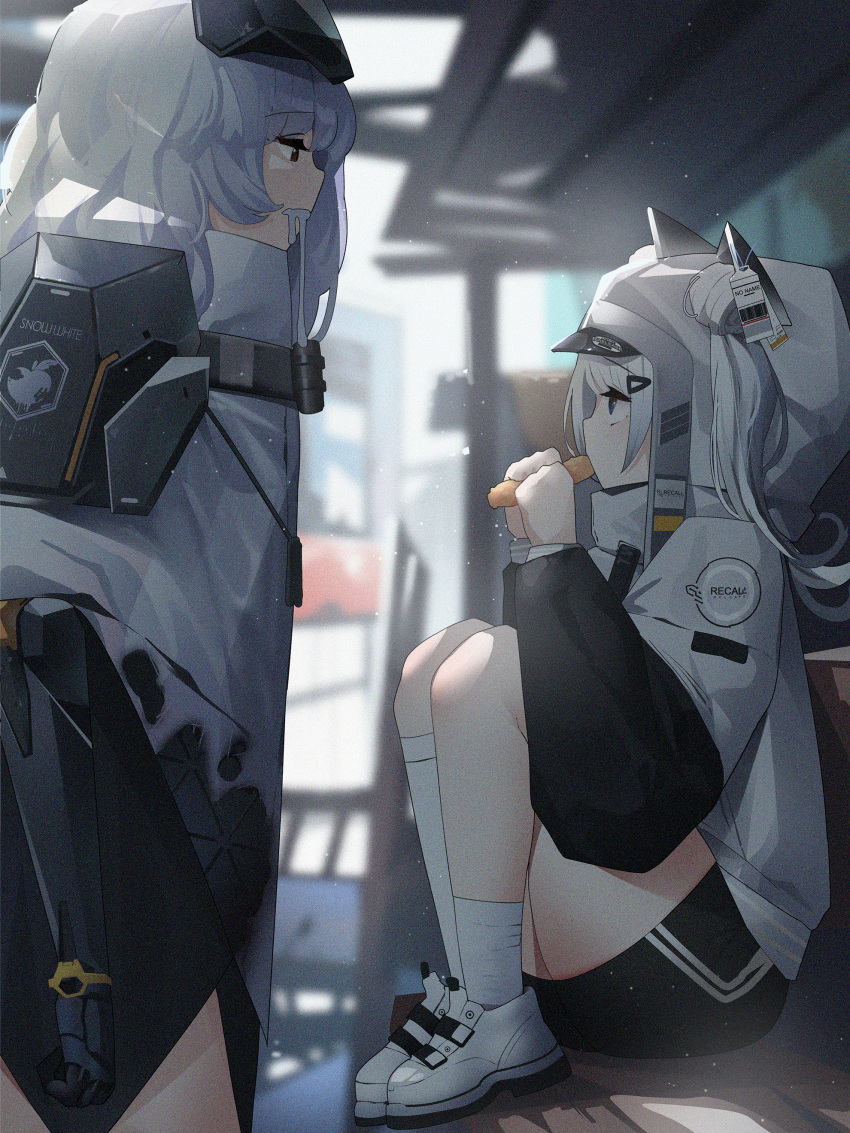 2girls, absurdres, animal_ear_headwear, animal_ears, armor, asymmetrical_legwear, bike_shorts, black_jacket